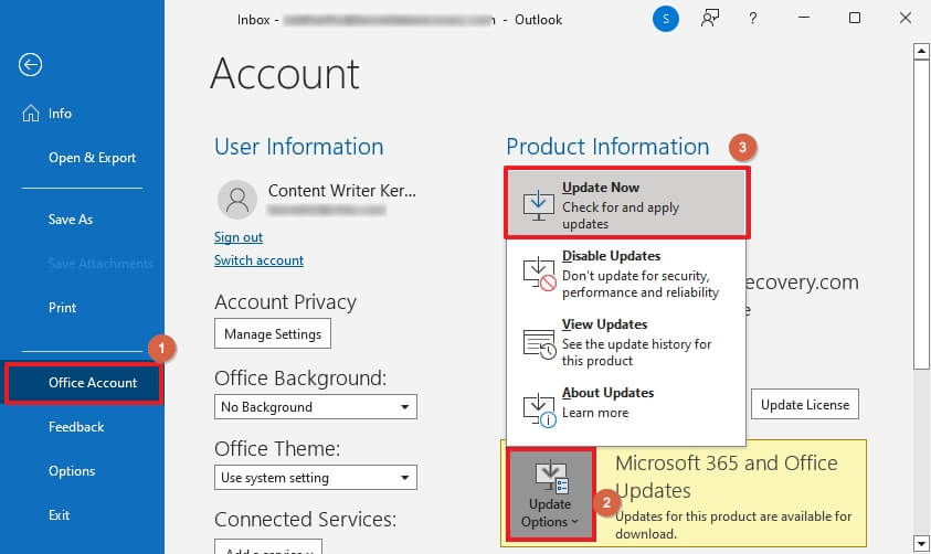 Choose the Office Account section, click on Update options, and choose Update Now