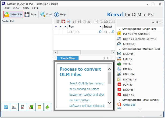 Launch olm to pst tool and click on the Select File option