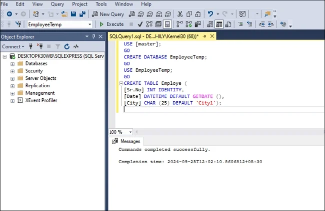 Create a temporary database and table with the command