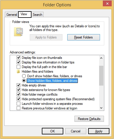 Click Show files, folders, and drives option