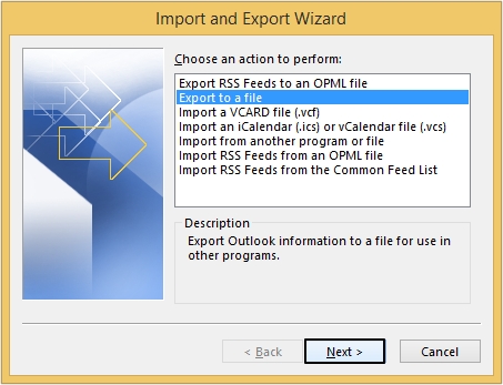 select Export to a file from Import and Export Wizard