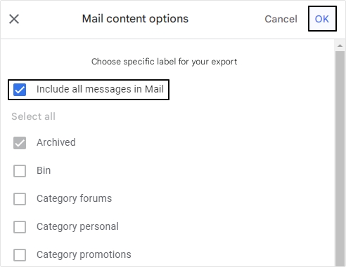 select include all message in Mail