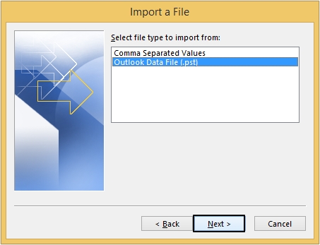 Outlook Data File (.pst) option