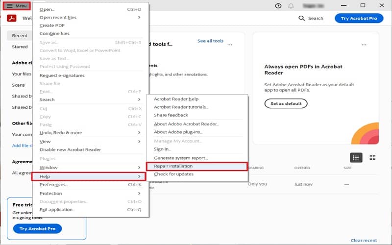 select help and then click repair installation