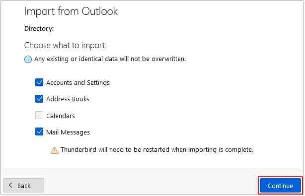 Choose the data you want to import then click Continue