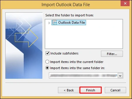 Select filter and import Outlook data file