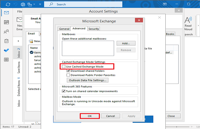  Go to the Advanced tab, uncheck the Use cache Exchange Mode, and click OK