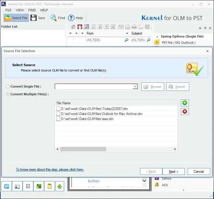 Select single/multiple OLM file(s) as per your convenience