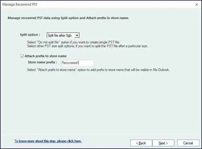 Manage your output file (PST) by defining split option