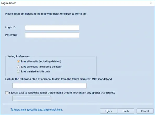 Provide login credentials to save data to Office 365