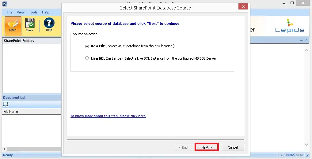 The welcome screen of the Kernel for SharePoint Server Recovery tool