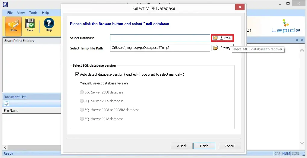 Using the Browse feature to add the SharePoint Server database file