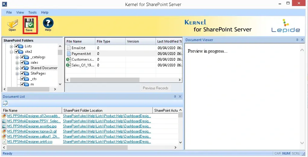 Previewing content from the recovered SharePoint database file