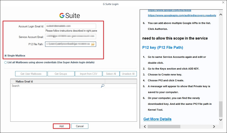 Input the G Suite details like Account email ID, Server account Email