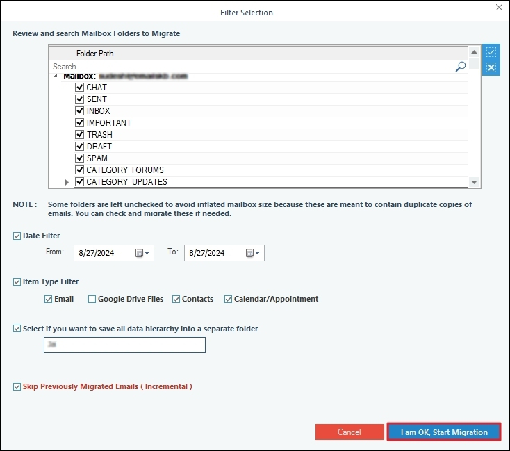 Select necessary folders and apply filter