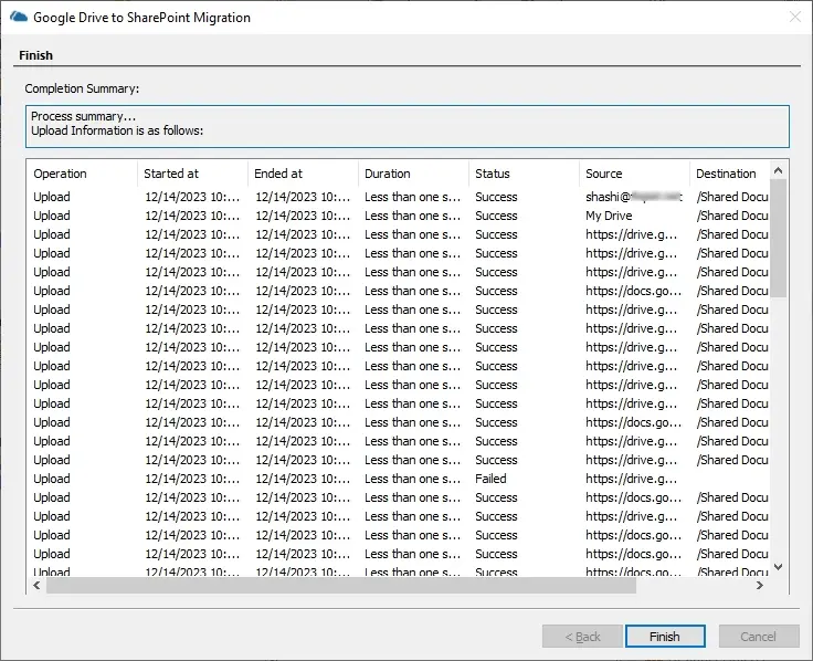 Check the completion summary of migration process