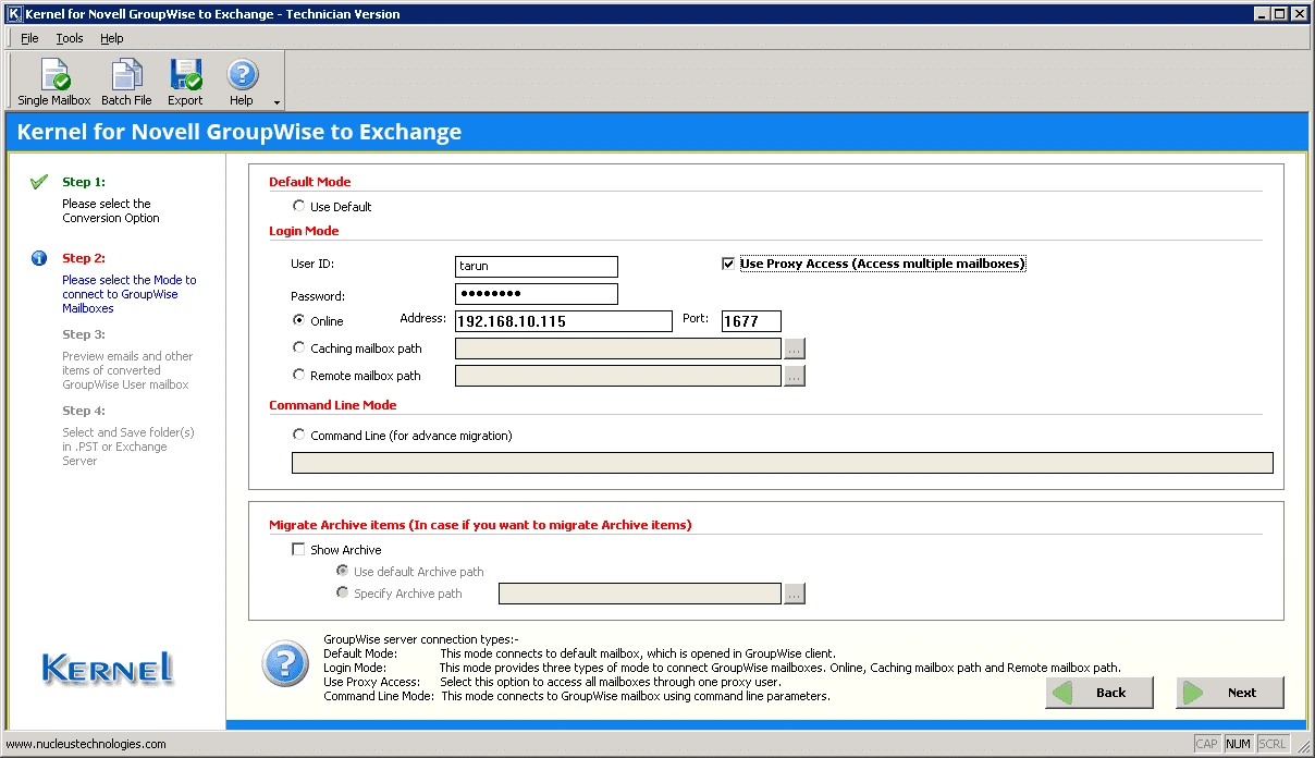 Provide login credentials to start Novell GroupWise to Exchange migration