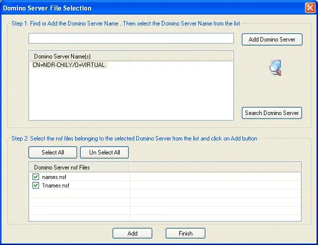 Domino Server NSF files listed for selection