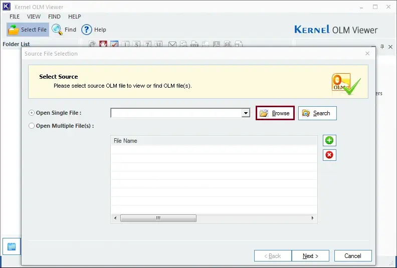 Browse the OLM file that you want to open