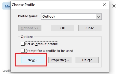 Click new button to create new Outlook profile