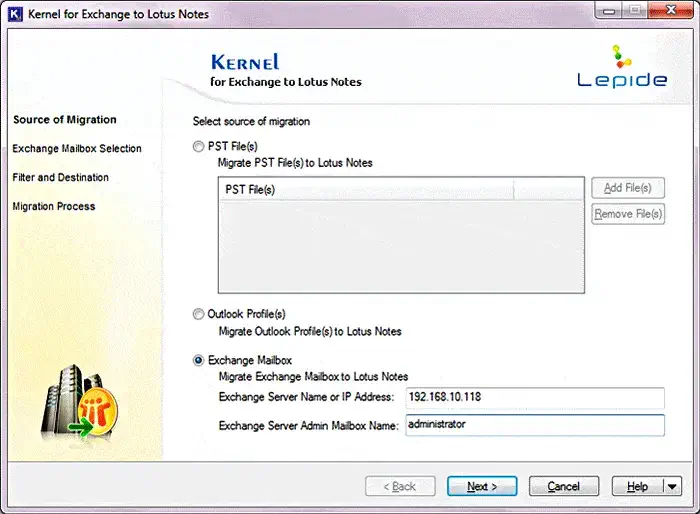 Screen highlighting the selection of exchange mailbox for migration