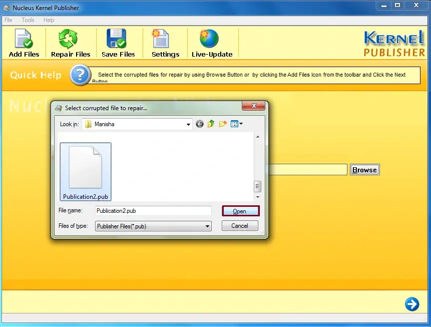 Select the corrupted Publisher file