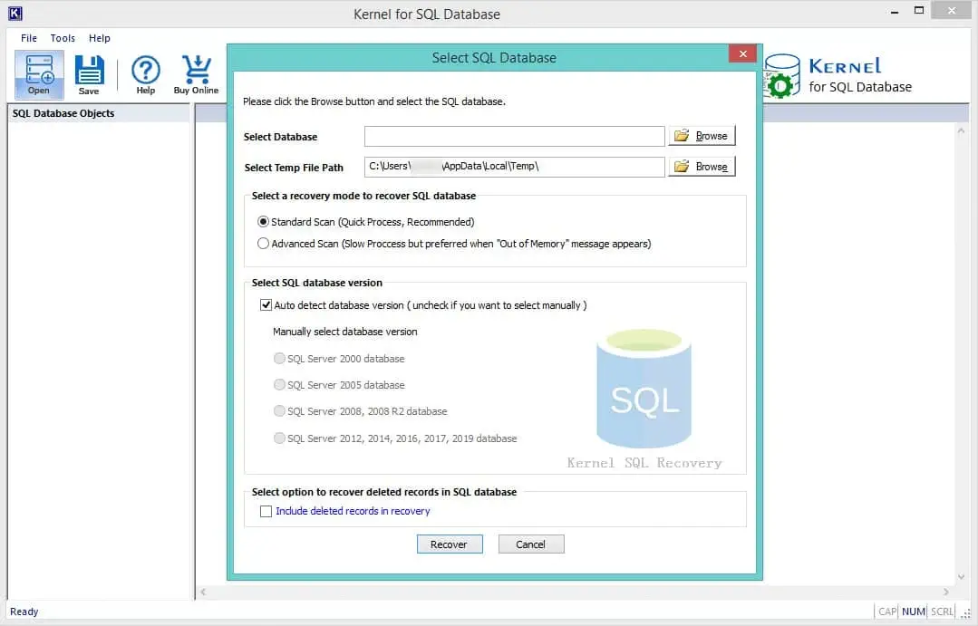 Home Screen of Kernel SQL Database Recovery