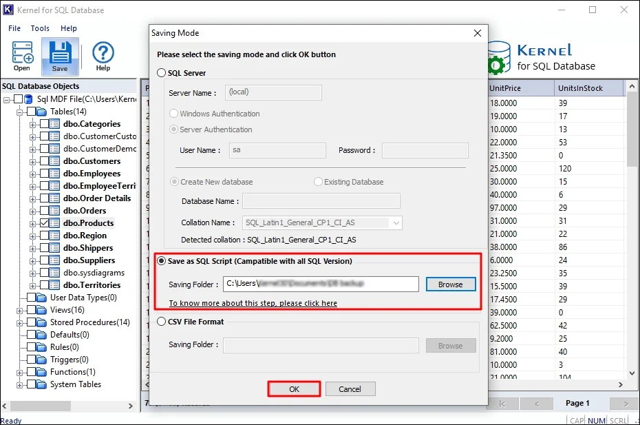 save to SQL script