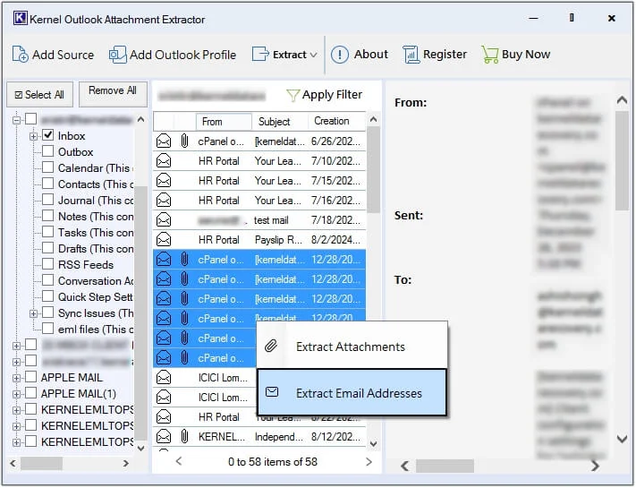 extract email addresses from selective emails