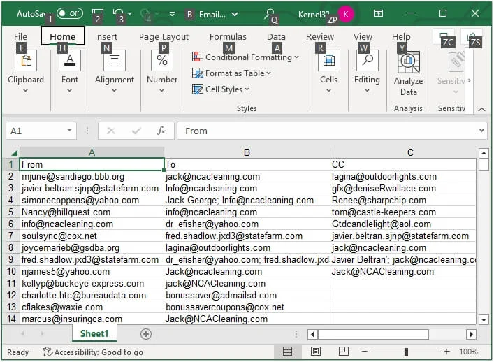 email addresses are saved in an excel