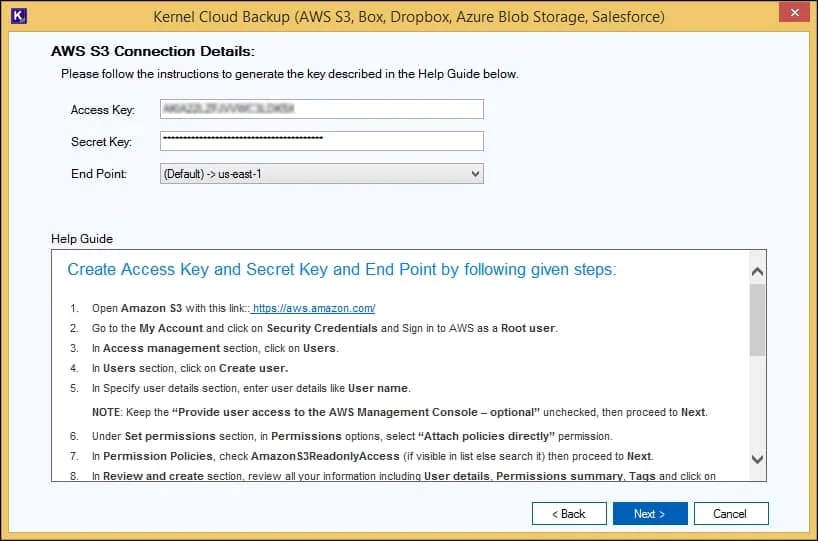 fill in the Access Key and Secret Key to connect to Amazon S3 account and click on Next