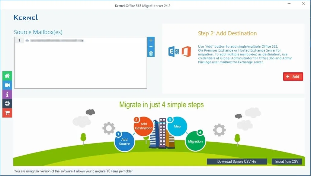 click on Add in the Destination section and choose Modern Authentication for login to add the Microsoft account 