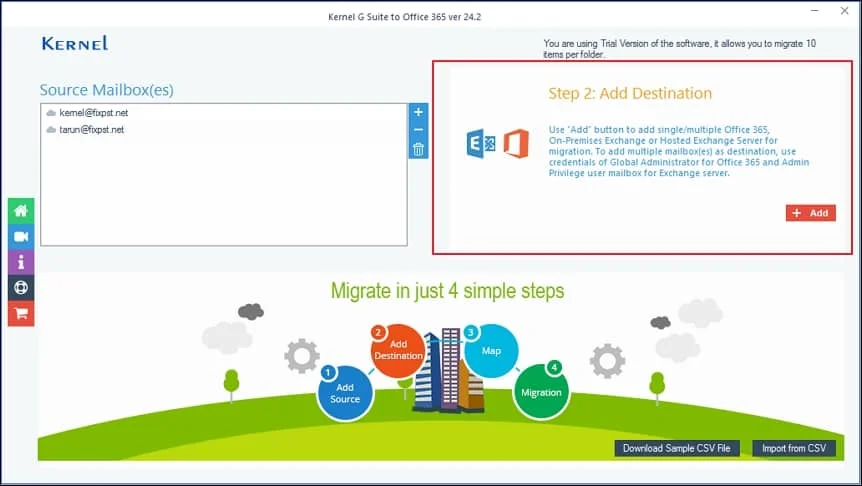 Click on Add in Add Destination to connect Microsoft 365 