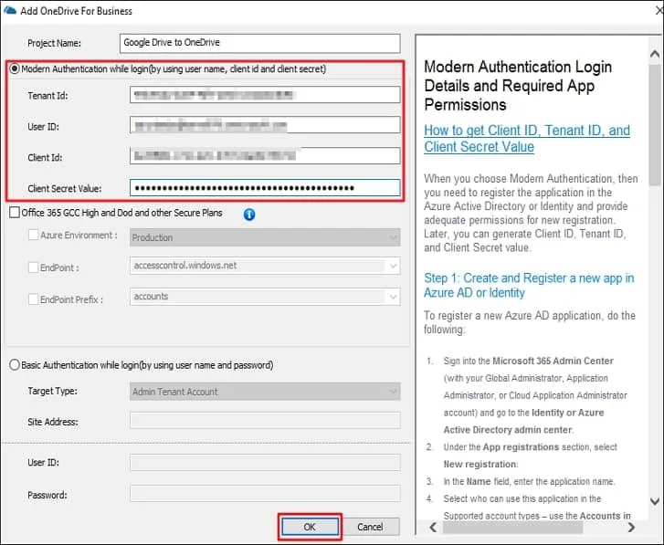 Provide a project name and select Modern Authentication enter the credentials and click OK