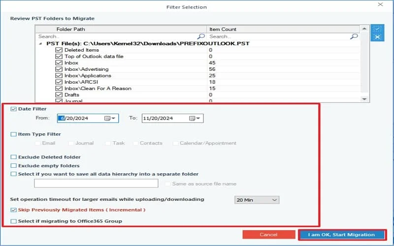 review PST filder and click I am OK start Migration