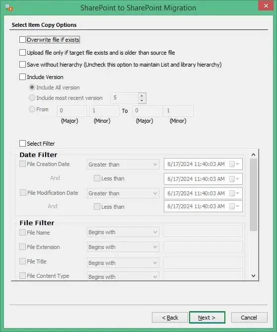 Customize the data transfer by applying filters then click Next