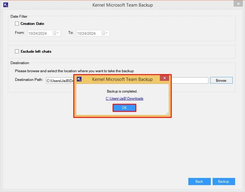 click OK to finalize the export teams chat history process