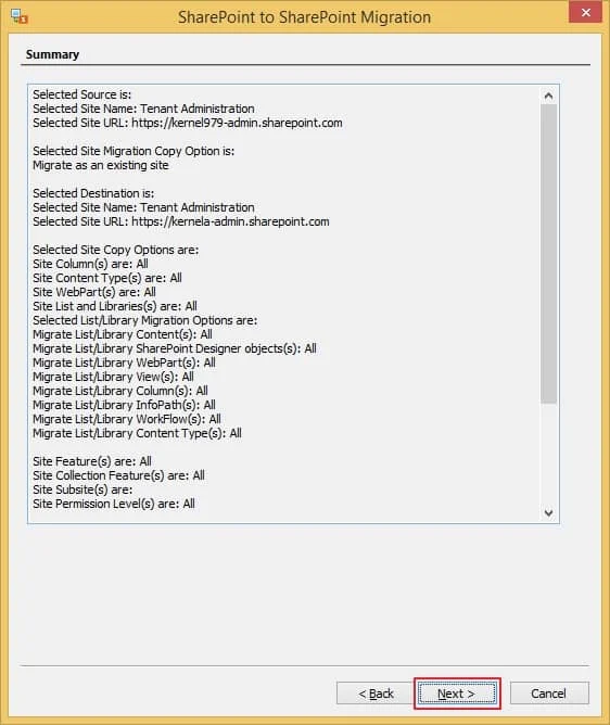 check the Migration Summary and click Next