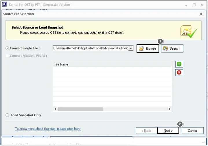 Click on the Browse button to locate the OST file and click Next