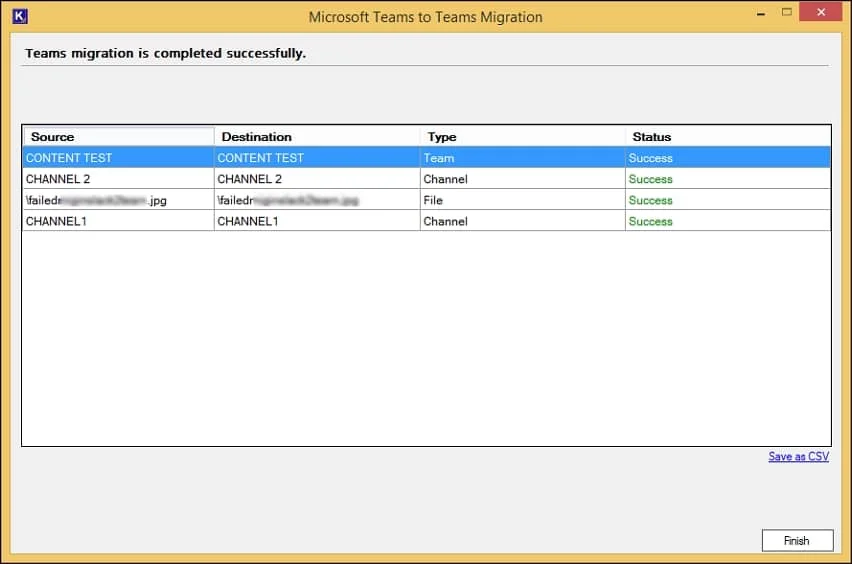 The migration process for MS Teams private channel to public is completed and click on Finish