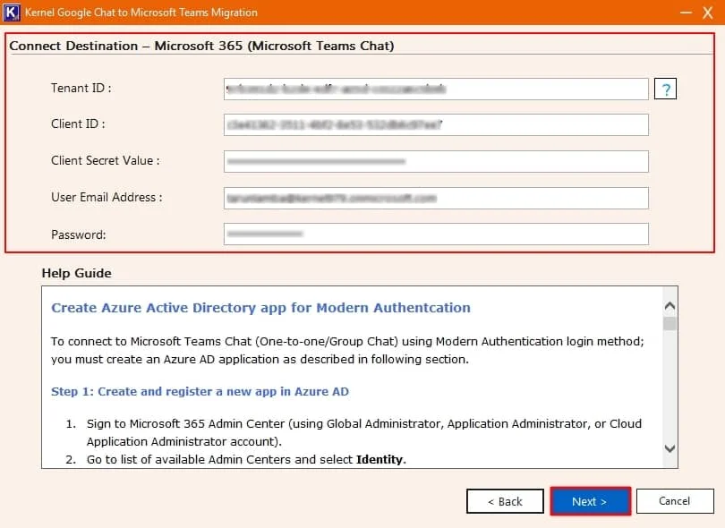 To connect destination enter details like Tenant ID Client ID Client Secret Value User Email Address