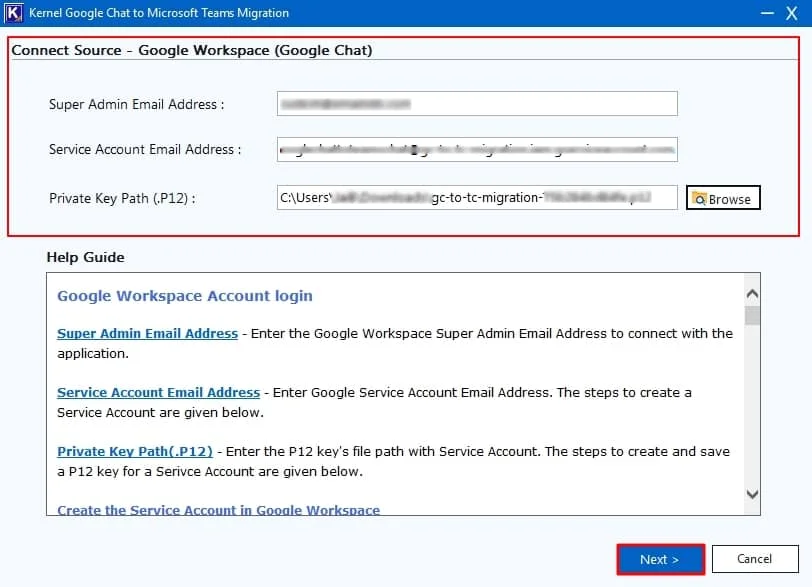 Enter Google Workspace credentials including Super Admin Email ID Service Account Email Address