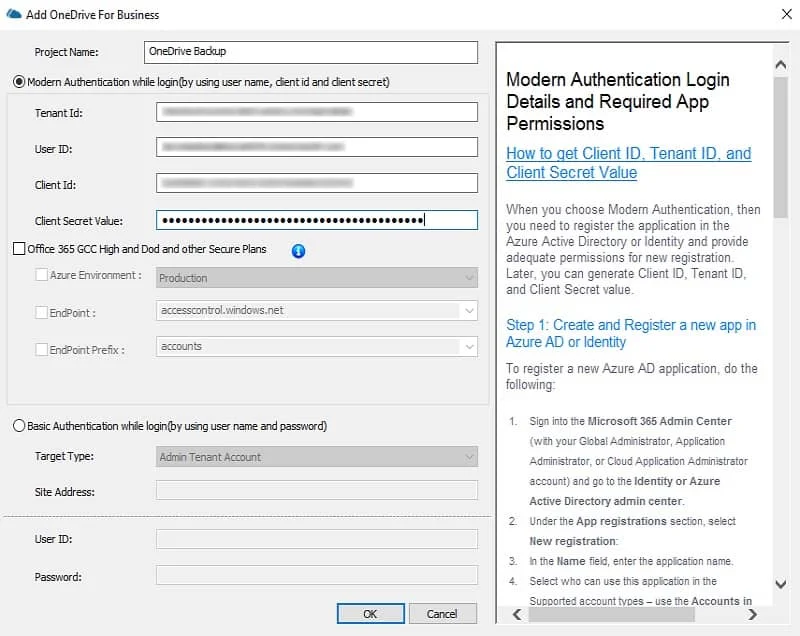 Now provide a Project name for your backup and fill up all the credentials in the Modern Authentication while login section