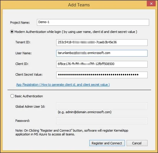 Select Modern Authentication and fill in the required details