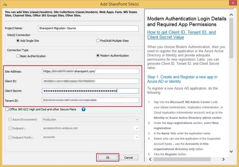 Provide the asked credentials to add the SharePoint site and then click OK