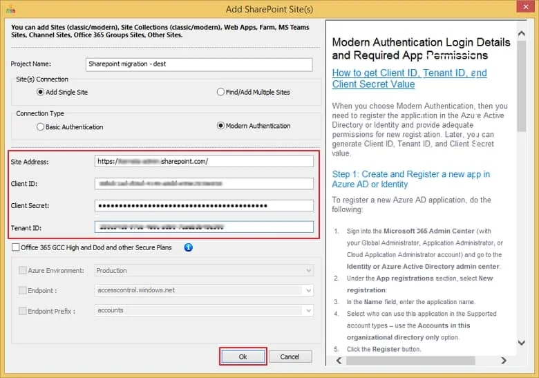 provide the credentials based on the Connection Type selected and click OK to proceed