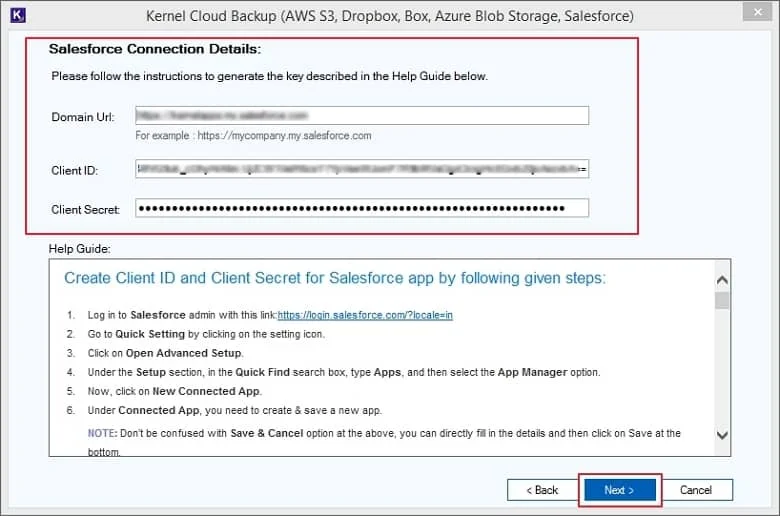  provide the asked credentials to connect the tool with the Salesforce account click Next.