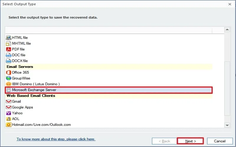 Select Live Exchange as the output type to export the OST file data