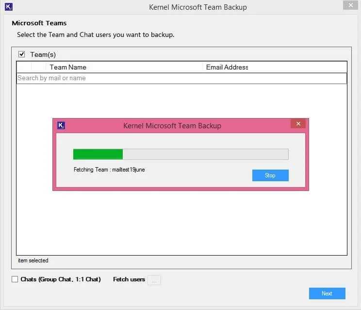 The software will start Fetching Team from the selected Team and chat users