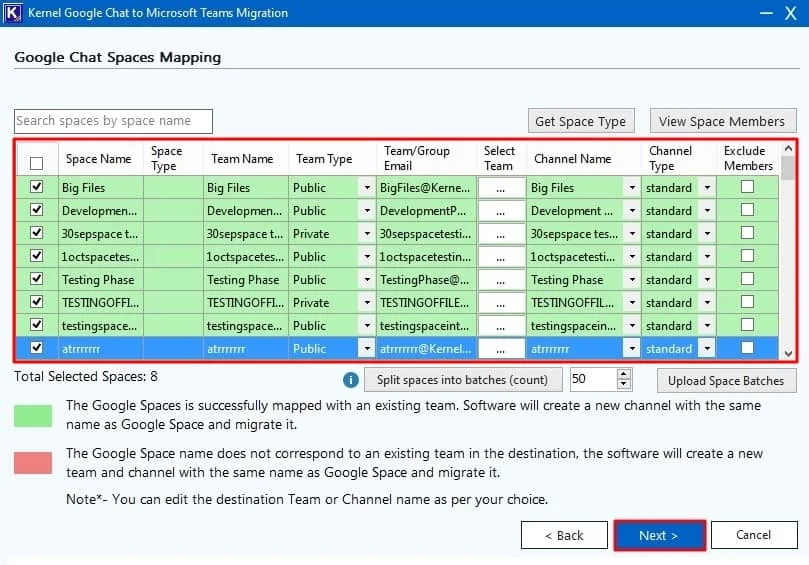  Google Chat Space Mapping wizard map selective spaces to Teams accordingly and click Next